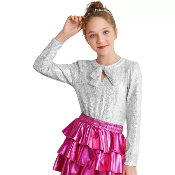 GRACE KARIN Girls Sparkly Sequin Tops Long Sleeve Crew Neck Glitter Blouse Shirt with Fixed Bowknot for PartySilver