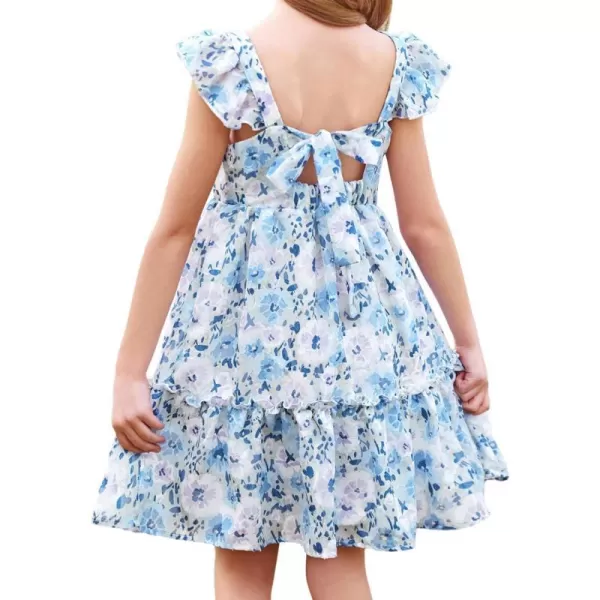 GRACE KARIN Girls Spring Floral Dress Girls Flutter Sleeve Tie Back Summer Dress 512YBlue Floral