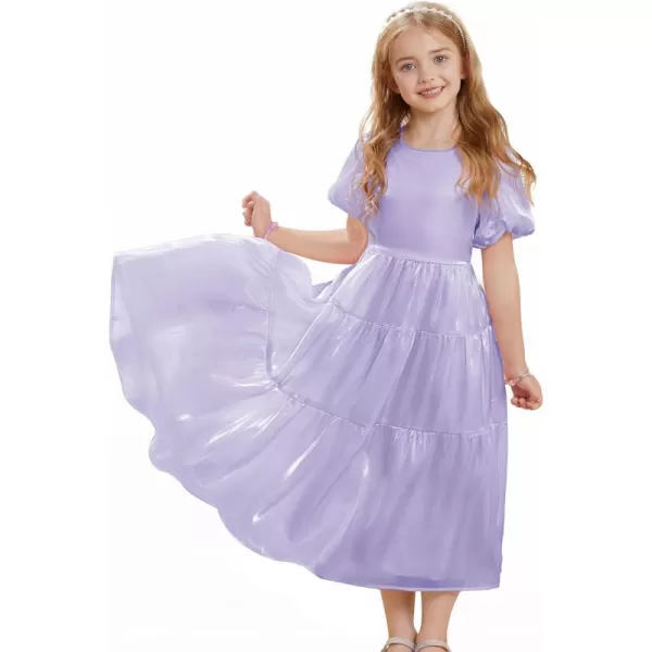 GRACE KARIN Girls Spring Summer Crewneck Short Sleeves Layered Hem Flowing Maxi Dresses 512YLight Purple