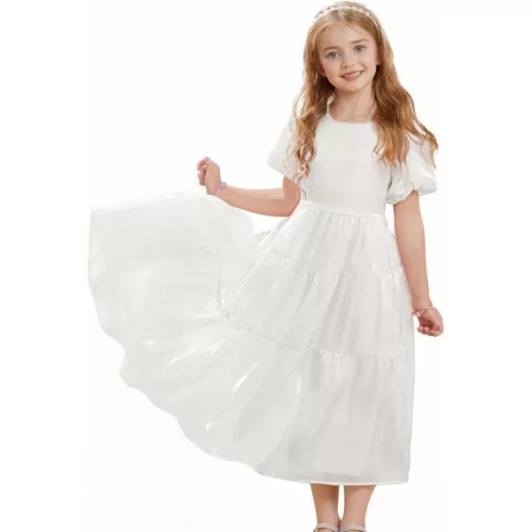 GRACE KARIN Girls Spring Summer Crewneck Short Sleeves Layered Hem Flowing Maxi Dresses 512YWhite