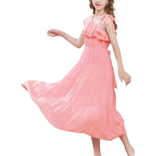 GRACE KARIN Girls Spring Summer One Shoulder Casual Dress Twirly Ruffle Sleeve Formal Dresses Maxi Dress Size 512YPink Long