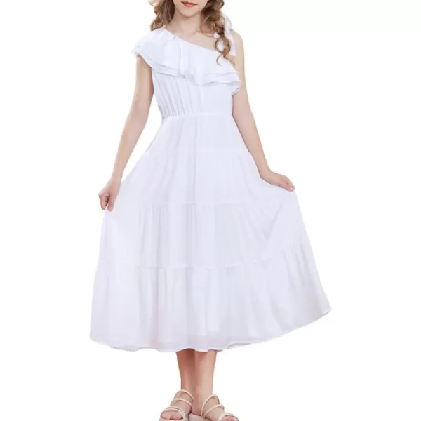 GRACE KARIN Girls Spring Summer One Shoulder Casual Dress Twirly Ruffle Sleeve Formal Dresses Maxi Dress Size 512YWhite Long