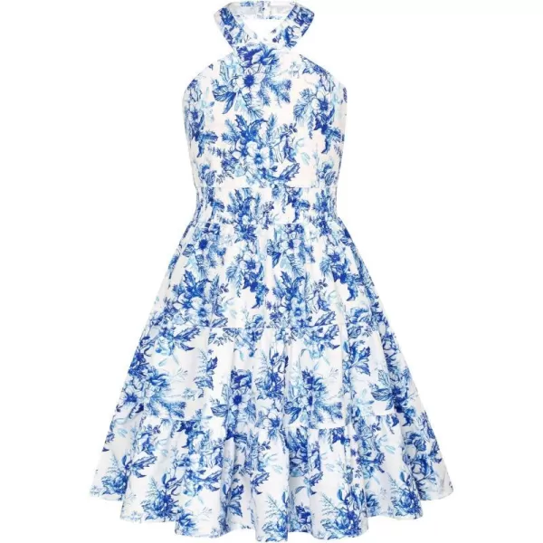 GRACE KARIN Girls Summer Dress Halter Neck Floral Aline Midi Dress 514YBlue and White