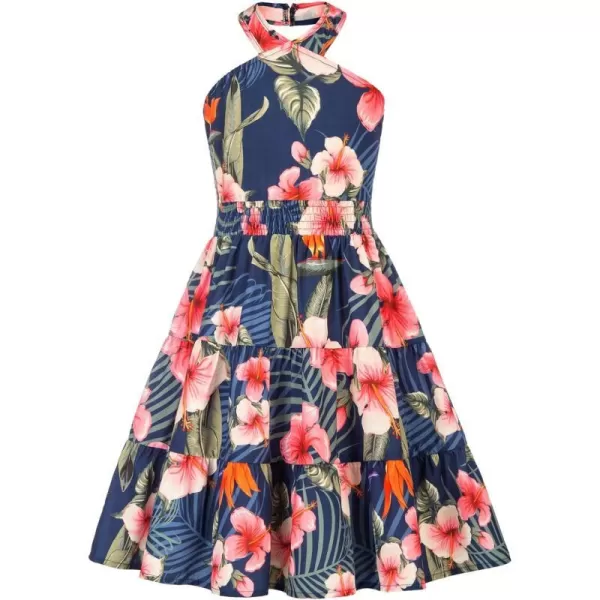 GRACE KARIN Girls Summer Dress Halter Neck Floral Aline Midi Dress 514YFloral on Navy