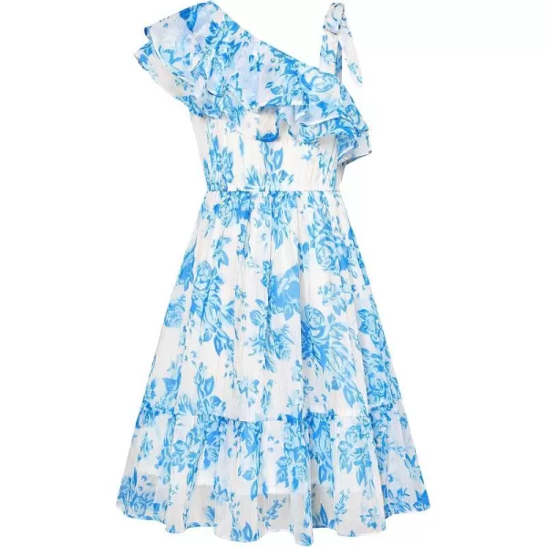 GRACE KARIN Girls Summer Dress One Shoulder Ruffle Sleeve Midi Casual SundressBlue Flower