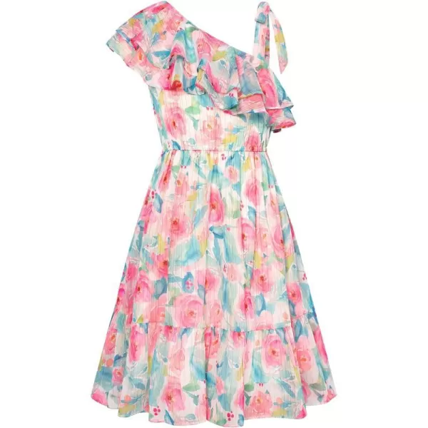 GRACE KARIN Girls Summer Dress One Shoulder Ruffle Sleeve Midi Casual SundressRed Flowers