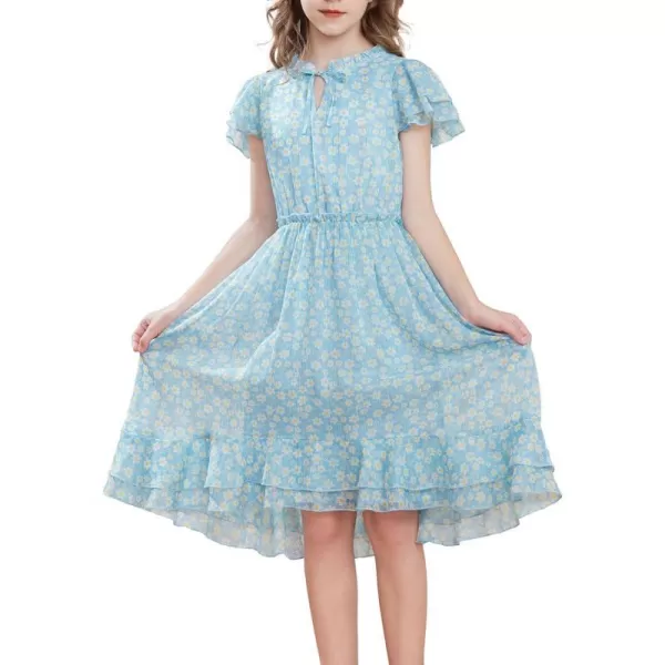 GRACE KARIN Girls Summer Floral Dress Casual Ruffle Sleeve Tie Neck Teen Girl Dress Size 512Blue1