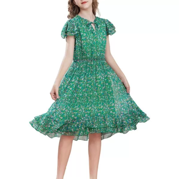 GRACE KARIN Girls Summer Floral Dress Casual Ruffle Sleeve Tie Neck Teen Girl Dress Size 512Green1