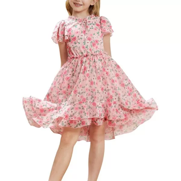 GRACE KARIN Girls Summer Floral Dress Casual Ruffle Sleeve Tie Neck Teen Girl Dress Size 512Pink1