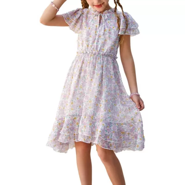 GRACE KARIN Girls Summer Floral Dress Casual Ruffle Sleeve Tie Neck Teen Girl Dress Size 512Purple1