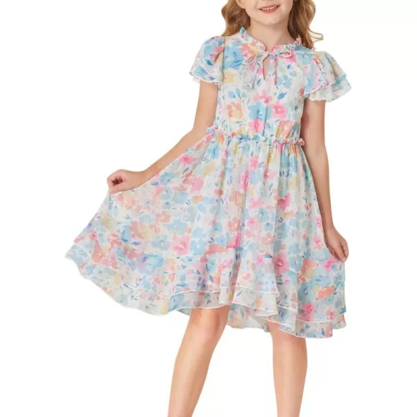 GRACE KARIN Girls Summer Floral Dress Casual Ruffle Sleeve Tie Neck Teen Girl Dress Size 512White1