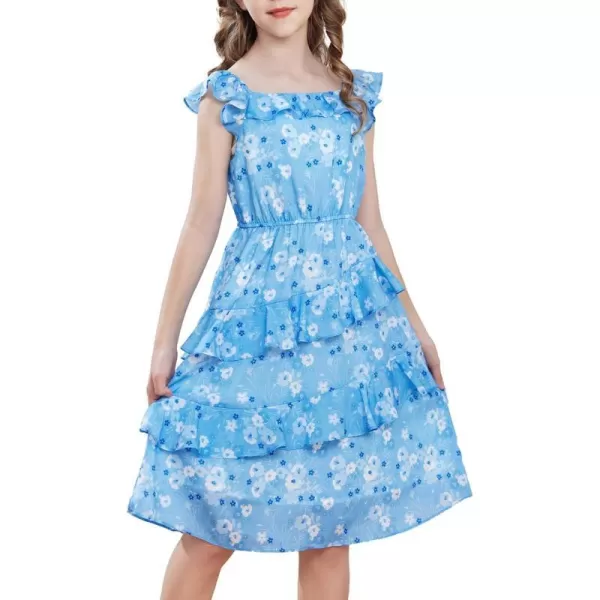 GRACE KARIN Girls Summer Floral Dress Tunic Ruffle Dress for Girls Size 512 Years Aline Square Neck SundressBlue