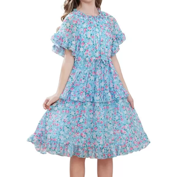 GRACE KARIN Girls Summer Spring Dress Floral Ruffle Cute Fancy Dress Casual Flowy Short Sleeve Midi Dress 512YBlue