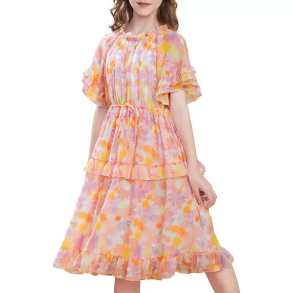 GRACE KARIN Girls Summer Spring Dress Floral Ruffle Cute Fancy Dress Casual Flowy Short Sleeve Midi Dress 512YOrange