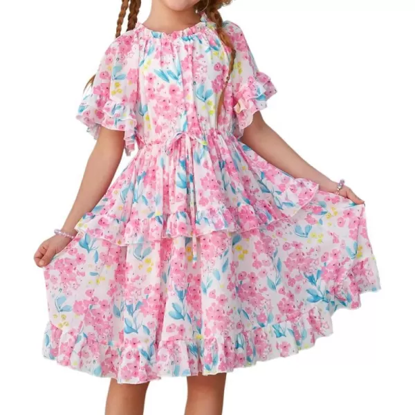 GRACE KARIN Girls Summer Spring Dress Floral Ruffle Cute Fancy Dress Casual Flowy Short Sleeve Midi Dress 512YPink