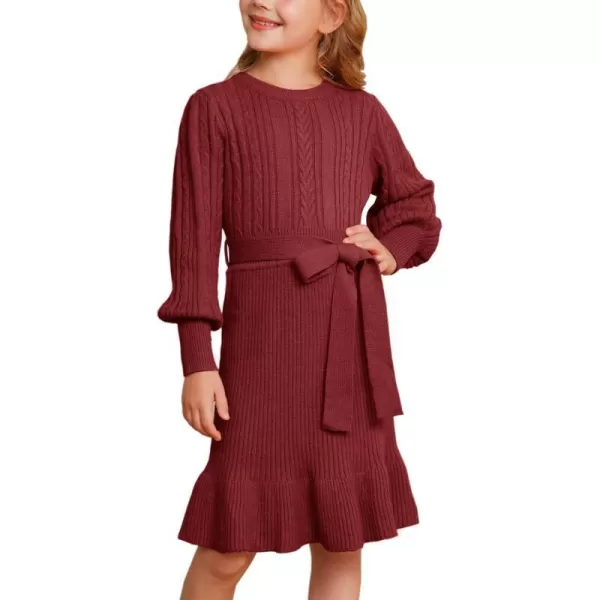 GRACE KARIN Girls Sweater Dress Cable Knit Long Sleeve Fall Winter Dress for Girl with Belt Sizes 614Crimson