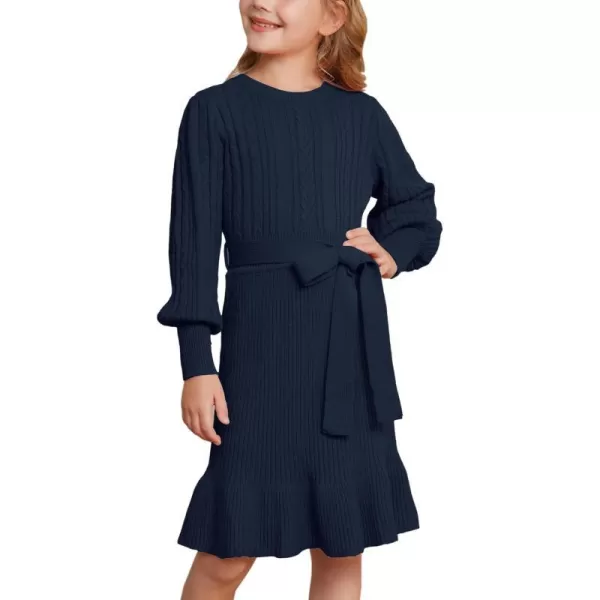 GRACE KARIN Girls Sweater Dress Cable Knit Long Sleeve Fall Winter Dress for Girl with Belt Sizes 614Navy Blue