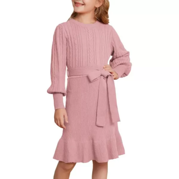 GRACE KARIN Girls Sweater Dress Cable Knit Long Sleeve Fall Winter Dress for Girl with Belt Sizes 614Pink