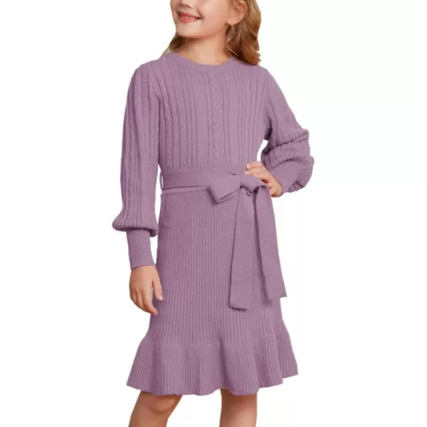 GRACE KARIN Girls Sweater Dress Cable Knit Long Sleeve Fall Winter Dress for Girl with Belt Sizes 614Purple