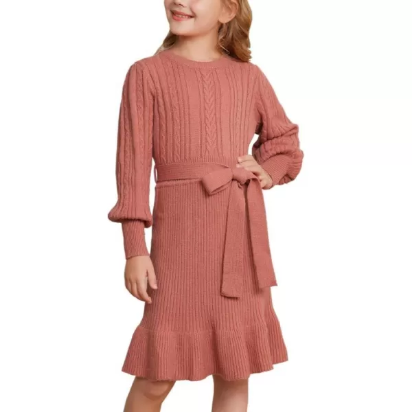 GRACE KARIN Girls Sweater Dress Cable Knit Long Sleeve Fall Winter Dress for Girl with Belt Sizes 614Rust Red