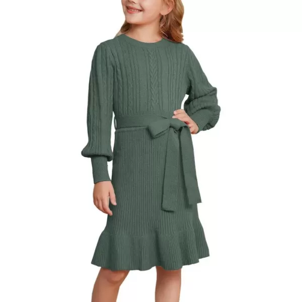 GRACE KARIN Girls Sweater Dress Cable Knit Long Sleeve Fall Winter Dress for Girl with Belt Sizes 614Tea Green