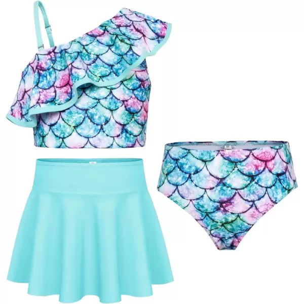 GRACE KARIN Girls Swimsuit 3 Pcs Tankini Swimwear Bikini Set Ruffle Bathing Suits Size 612Blue Mermaid