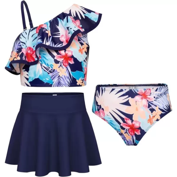 GRACE KARIN Girls Swimsuit 3 Pcs Tankini Swimwear Bikini Set Ruffle Bathing Suits Size 612Navy Floral