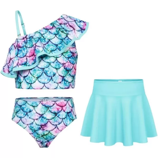 GRACE KARIN Girls Swimsuit 3 Piece Bathing Suit Quick Dry Tankini Set with Beach Skirt Bikini Swimwear Size 612Blue Mermaid