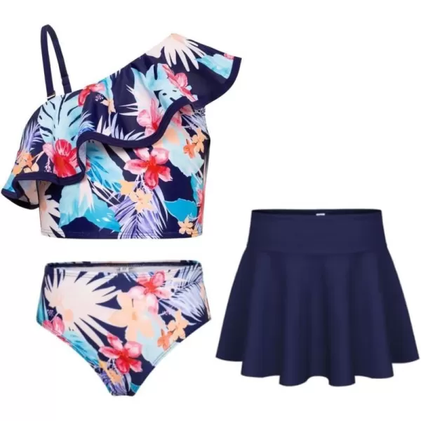 GRACE KARIN Girls Swimsuit 3 Piece Bathing Suit Quick Dry Tankini Set with Beach Skirt Bikini Swimwear Size 612Navy Floral