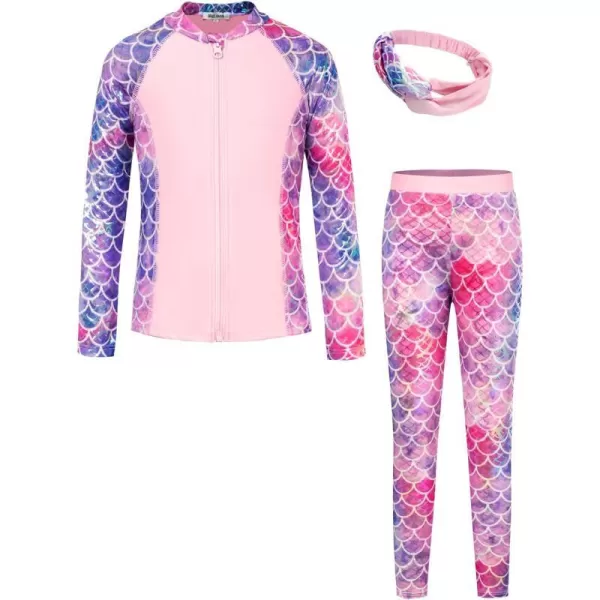 GRACE KARIN Girls Swimsuit Long Sleeve Two Piece Rash Guard Swimwear Set 612YPink Mermaid