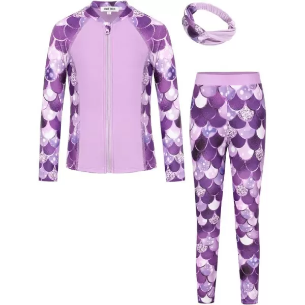 GRACE KARIN Girls Swimsuit Long Sleeve Two Piece Rash Guard Swimwear Set 612YPurple Mermaid