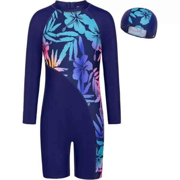 GRACE KARIN Girls Swimsuit Long Sleeve UV Protective Bathing Suit One Piece Swimwear for Kids 512 YearsNavy Blue Colorful Leaves