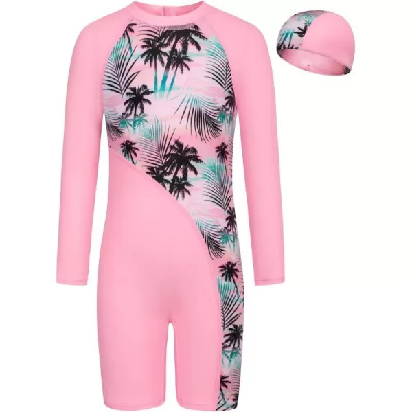 GRACE KARIN Girls Swimsuit Long Sleeve UV Protective Bathing Suit One Piece Swimwear for Kids 512 YearsPink Coconut Tree