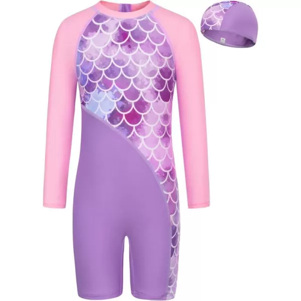 GRACE KARIN Girls Swimsuit Long Sleeve UV Protective Bathing Suit One Piece Swimwear for Kids 512 YearsPurple Scale