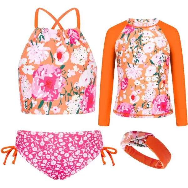 GRACE KARIN Girls Swimsuit Tankini Rash Guard Long Sleeve 4 Piece Bathing Suit 512YOrange Floral