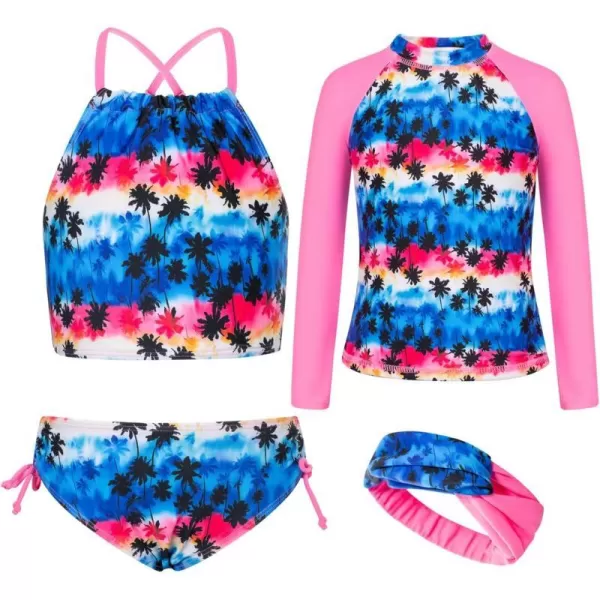 GRACE KARIN Girls Swimsuit Tankini Rash Guard Long Sleeve 4 Piece Bathing Suit 512YPink Leaves