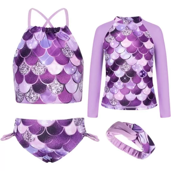 GRACE KARIN Girls Swimsuit Tankini Rash Guard Long Sleeve 4 Piece Bathing Suit 512YPurple Memaid