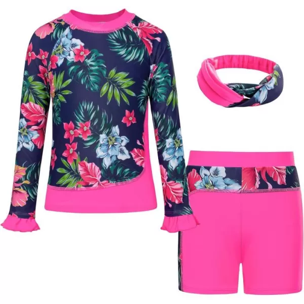 GRACE KARIN Girls Two Piece Swimsuit Long Sleeve Rash Guard Bathing Suit with Hairband 512YHot Pink