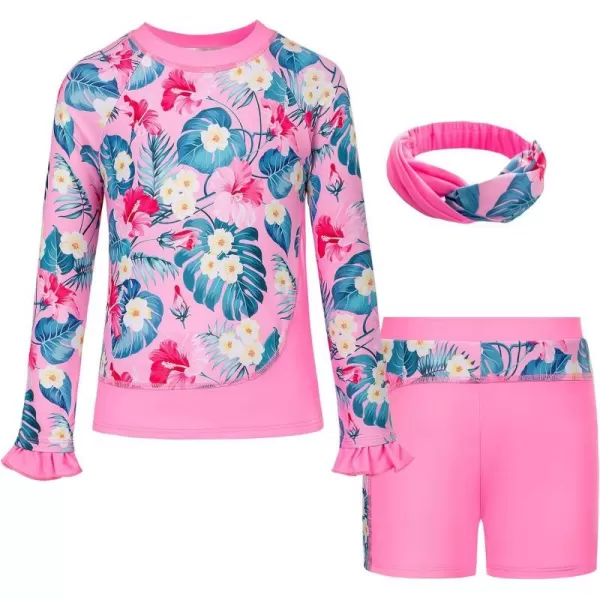 GRACE KARIN Girls Two Piece Swimsuit Long Sleeve Rash Guard Bathing Suit with Hairband 512YPink