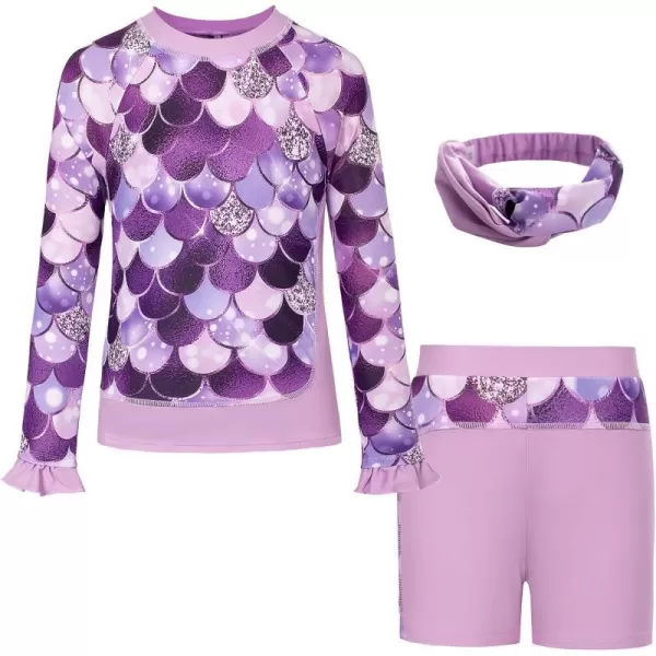 GRACE KARIN Girls Two Piece Swimsuit Long Sleeve Rash Guard Bathing Suit with Hairband 512YPurple