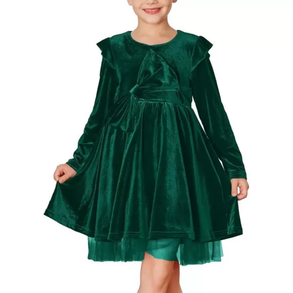 GRACE KARIN Girls Velvet Dress Crew Neck Ruffle Fall Winter Party Dresses 512YGreen