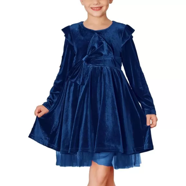 GRACE KARIN Girls Velvet Dress Crew Neck Ruffle Fall Winter Party Dresses 512YNavy Blue