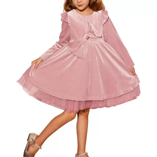 GRACE KARIN Girls Velvet Dress Crew Neck Ruffle Fall Winter Party Dresses 512YPink