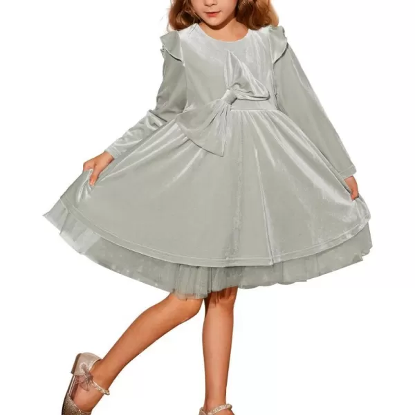 GRACE KARIN Girls Velvet Dress Crew Neck Ruffle Fall Winter Party Dresses 512YSliver