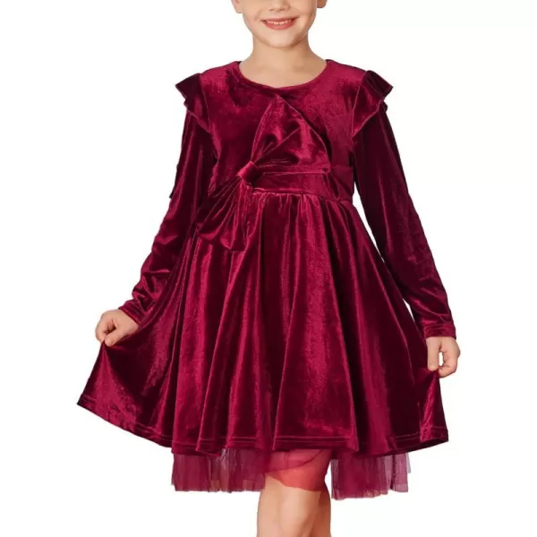 GRACE KARIN Girls Velvet Dress Crew Neck Ruffle Fall Winter Party Dresses 512YWine Red