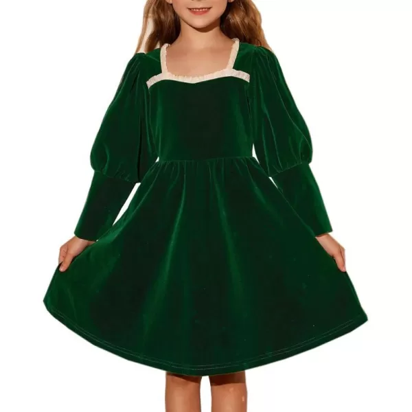 GRACE KARIN Girls Velvet Party Dress Lantern Sleeve Fall ALine Dress 512YearsDark Green