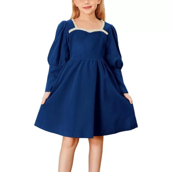 GRACE KARIN Girls Velvet Party Dress Lantern Sleeve Fall ALine Dress 512YearsNavy Blue