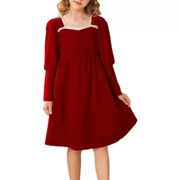 GRACE KARIN Girls Velvet Party Dress Lantern Sleeve Fall ALine Dress 512YearsWine Red