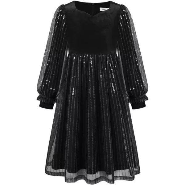 GRACE KARIN Girls Velvet Sequin Dress Girls Long Sleeve Elegant Cute Sequin Dress for 512YBlack