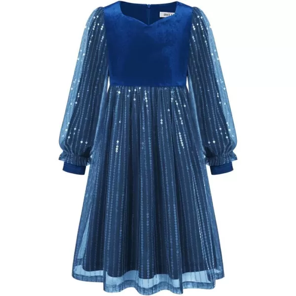 GRACE KARIN Girls Velvet Sequin Dress Girls Long Sleeve Elegant Cute Sequin Dress for 512YBlue